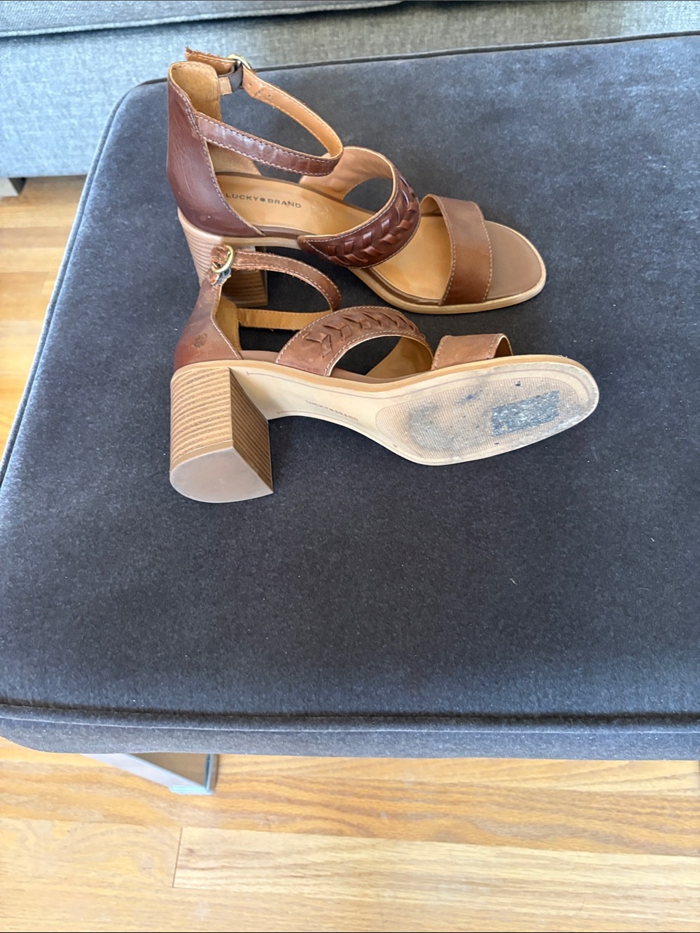 Lucky Brand Cognac Braided Leather Block Heel Sandals - Picture 4 of 9